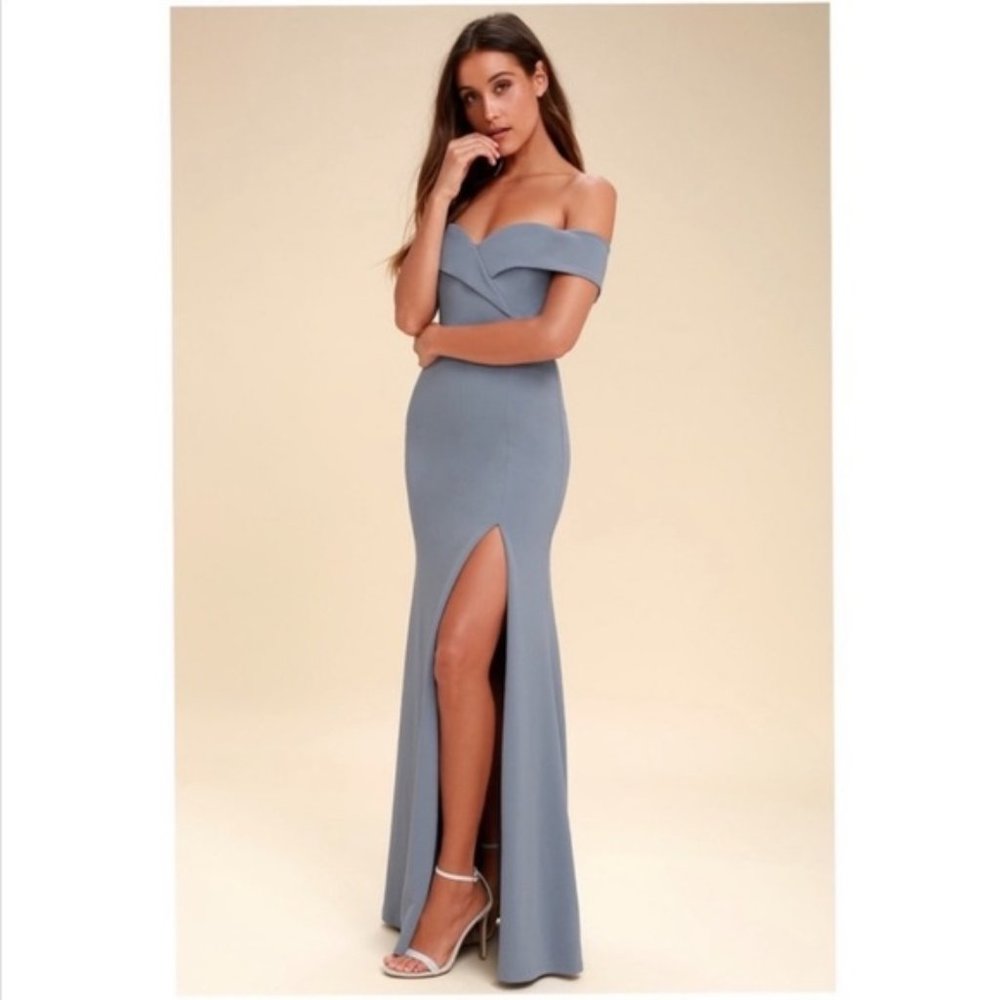 Song of Love Blue Grey Off-the-Shoulder Maxi Dress - NWT - Dusty Blue Grey